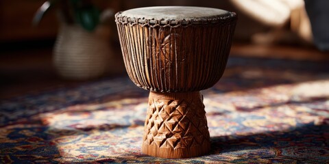 african drum art, the warm sidelighting accentuates the intricate carvings and skin of an african djembe drum on a patterned rug