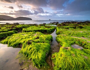 Green seaweed covers tidal rocks at a scenic beach with mountains, clouds, and an ocean sunset sky in the background