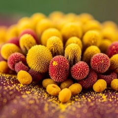 Macro shot revealing intricate details of a flower's reproductive parts with vibrant yellow and red pollen structures.