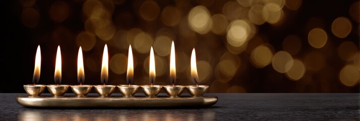festive candle photography, a kinara with seven burning candles on a dark table, creating a warm and atmospheric glow with a clean area for overlay