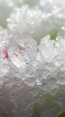 Macro shot of sparkling white salt crystals, showcasing a prominent hexagonal crystal among smaller, irregular formations, with a soft, blurred background.