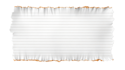 Ripped lined notebook paper sheet with burned edges, blank vintage stationery texture for message creative mockup template design isolated on white background