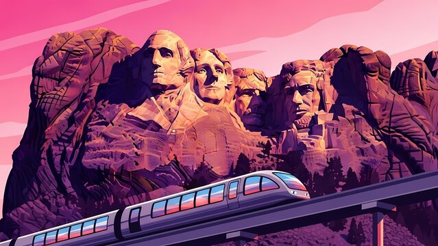 A futuristic train rides past the monument of mount rushmore in digital art style