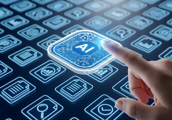 Initiating generative artificial intelligence, a human finger activates smart algorithms for creating documents and processing data.