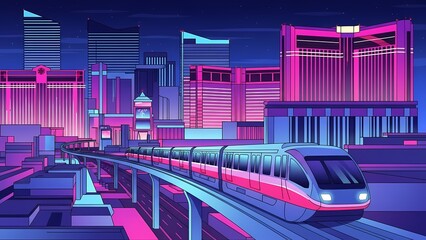 A neon-lit cityscape with a futuristic train traversing an elevated track