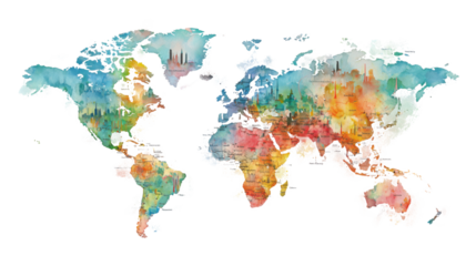 Colorful watercolor world map illustration showing global continents, travel destinations, geography education and artistic design concept isolated on white background