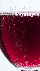 A close-up shot of a glass filled with a vibrant red, sparkling beverage, showing numerous small bubbles rising to the surface.
