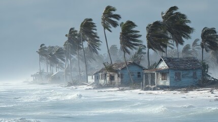 Coastal scene battered, weathered cottages struggle against a fierce storm. Windswept palms bend in gale as waves crash