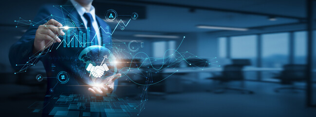 Businessman hand hold global Business Cooperation network and data, strategic partnerships, corporate collaboration, international teamwork, connected enterprise ecosystem