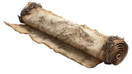 Ancient fantasy map scroll with detailed hand drawn terrain, vintage parchment navigation artwork isolated on white background