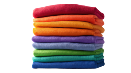 Stack of colorful folded towels showing fabric texture, cleanliness, home comfort, and laundry organization isolated on white background