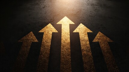 Golden arrow icons ascend against a dark, textured background, suggesting growth and progress. The arrows glow with an ethereal light