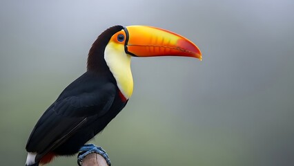 Obraz premium A colorful toucan with its large, bright orange and yellow beak sits perched on a branch, set against a soft, muted background.