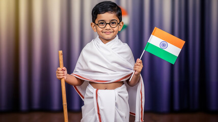 Indian boy dressed as Mahatma Gandhi holding flag for Republic Day costume  