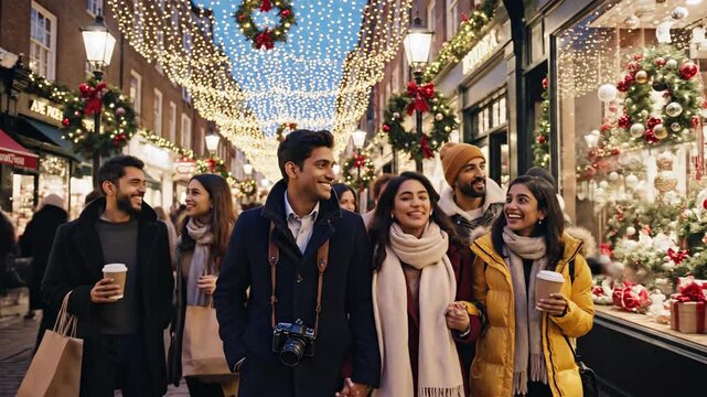 People strolling down a festive street, Christmas lights overhead, carrying shopping bags and coffee