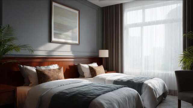 Comfortable lodging in city hotel, with twin beds and modern decor.