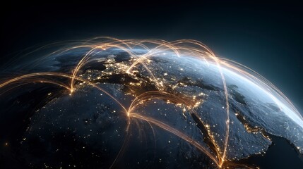 Illuminated globe with network connections weaving across continents, cities glowing in the darkness. Lights create trails, representing global reach