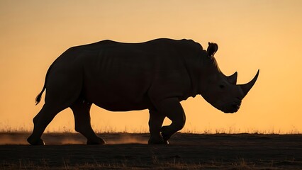 Fototapeta premium Silhouette of a rhinoceros walking across the savanna during a dramatic, vibrant sunset, casting a long shadow on the dusty ground.