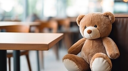 Cozy plush teddy bear sitting upright on a chair beside a wooden table in a quiet cafe setting