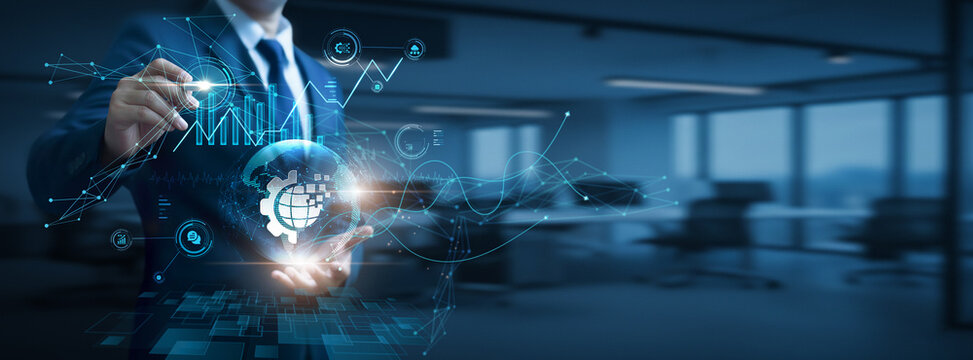 Businessman hand hold global Digital Transformation network and data, enterprise innovation, smart technology adoption, modern business processes, digital strategy - Powered by Adobe