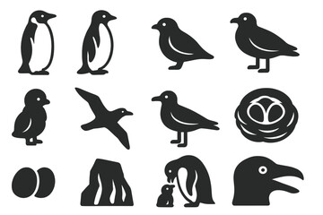 Obraz premium Antarctic Birds Icons. Solid style icons of Antarctic birds: emperor penguin, Adelie penguin, snow petrel, skua, petrel chick,