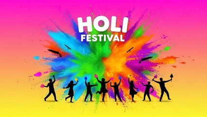 Colorful Holi Festival splash with dancing people silhouettes on vibrant gradient background, celebration of joy and spring