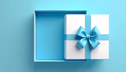 Gift Square white box, tied with a pastel blue ribbon, lays partially open on a matching-color surface