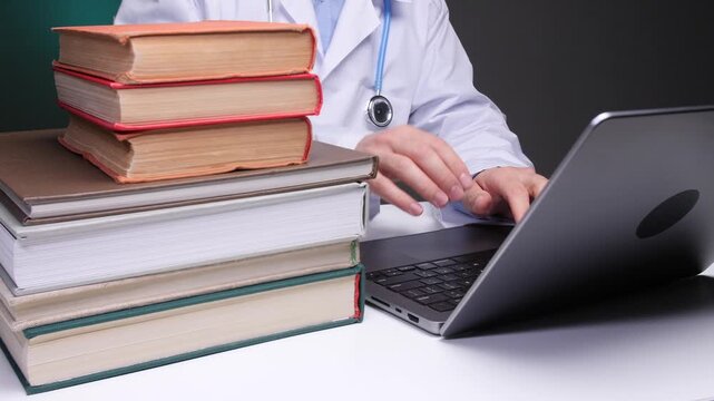 Doctor wearing a lab coat and stethoscope, sitting at a desk and typing on a laptop, with a stack of medical books symbolizing continued education and research