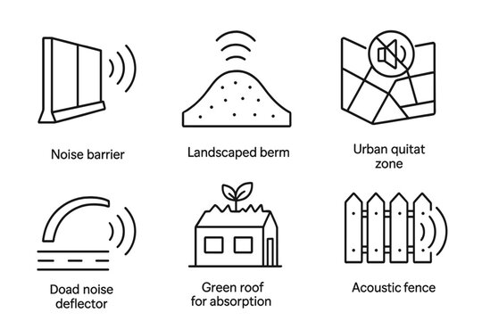 Outdoor Noise Control Icons. Line style icons of Outdoor Noise Control: sound barrier wall, landscaped berm with wave symbol,