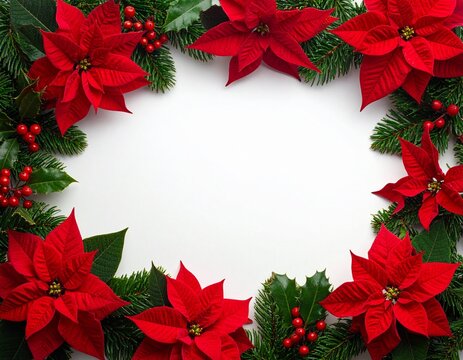 Festive Christmas frame made of red poinsettia and green fir branches isolated on white background