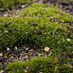 Close-up view of vibrant green moss covered in tiny water droplets on a textured ground with small pebbles.