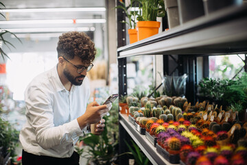 Man shopping for plants using smartphone in flower shop