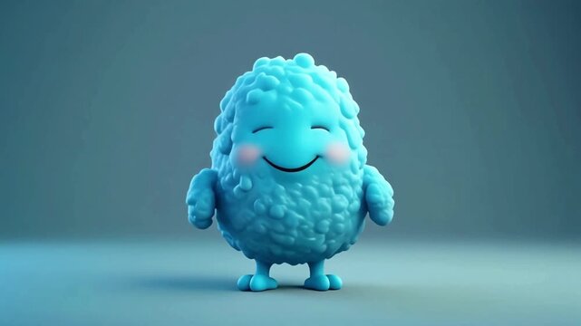 A cartoon chicken nugget character with a calm demeanor stands on a small sauce lid in a simple setting.