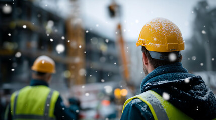 Faceless construction workers in hard hats and vests persisting on site heavily defocused background with cranes and building frame amidst falling snow industry enduring winter
