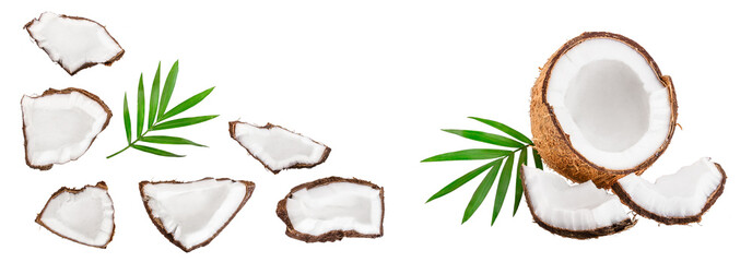 piece of coconut with leaves isolated on white background with copy space for your text. Top view. Flat lay