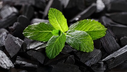 fresh mint leaves atop dark charcoal