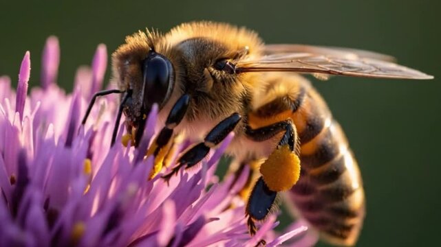 Detailed Macro Shot: Honey Bee Collecting Golden Pollen on a Purple Flower | Stunning Close-up of Essential Pollinator & Insect Life.