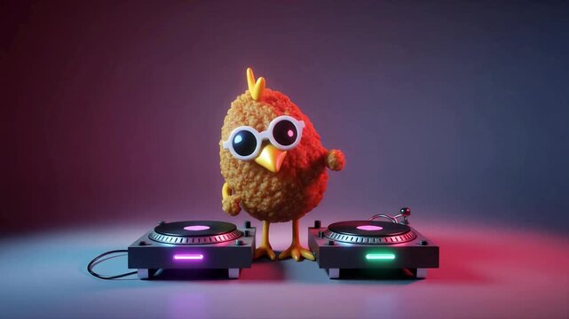A cartoon chicken chef slowly stirs a miniature bowl with colorful lights in a studio setting
