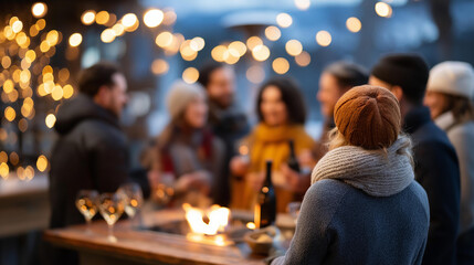 Faceless friends gathering around winter fire pit heavily defocused outdoor patio background anonymous group with festive lights seasonal social warmth celebration with copy