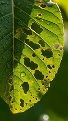 A close-up view of a vibrant green leaf with numerous holes caused by insect damage, illuminated by sunlight and covered in water droplets.