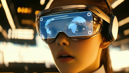 A woman wearing VR goggles with digital readouts on screen. - Powered by Adobe