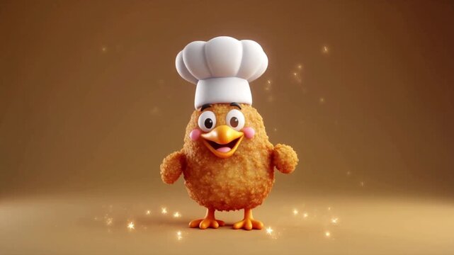 A cartoon chicken nugget chef gently rotates its head side to side in a slow cute motion