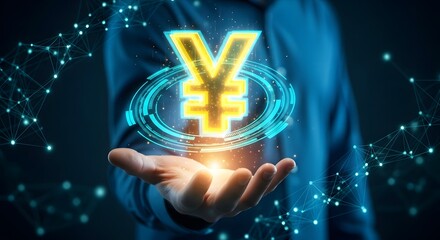 Blockchain network evolution, a vibrant digital Yen currency symbol presented by a business professional.