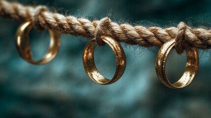 Three gold wedding rings, each dangling from a thick, rough rope, highlighting the symbol of eternal love. The background is blurred