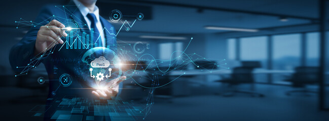Fototapeta premium Businessman hand hold global Paas network and data, platform as a service, cloud application development, scalable software infrastructure