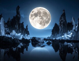 Gigantic full moon casts its glow over a crystal-laden, dark, and reflective landscape with rocky outcroppings