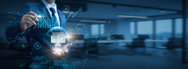 Businessman hand hold global Web development network and data, website programming, front end and back end coding, digital application creation