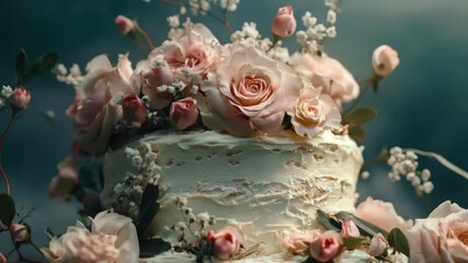 Delicate and charming floral design with pink roses adorning a white frosted wedding cake.