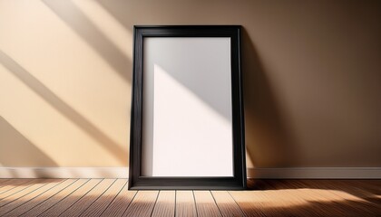 blank vertical poster mockup with black frame leaning against beige wall in sunlight on wooden floor minimalist clean layout for design display
