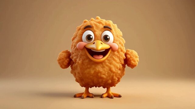 A cartoon chicken nugget stands calmly in front of a vibrant yellow studio background, giving a cheerful smile